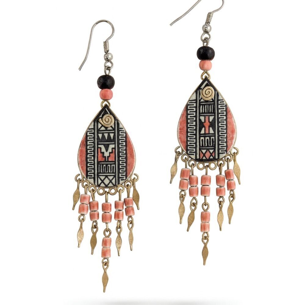 Southwest Dangle Earrings Pink & Black Hand-Painted Clay Beads Vintage